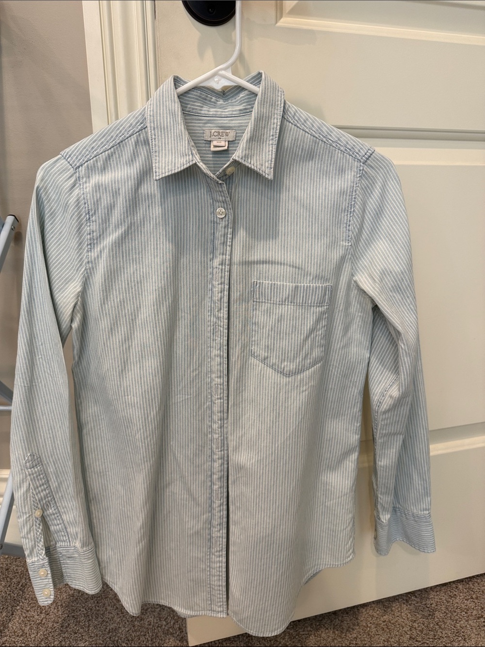 J. Crew women’s  Light Blue and White Pinstripe Button-Up Shirt